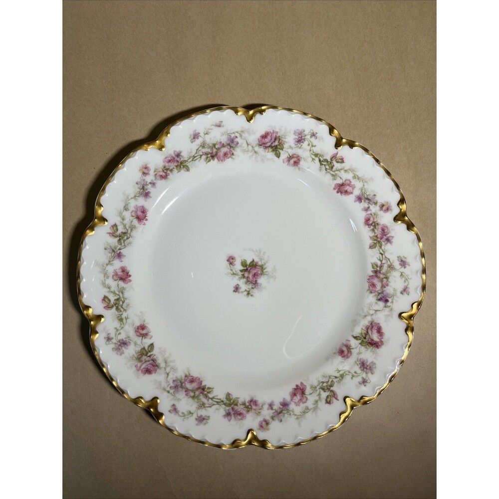 VTG Haviland Limoges Scalloped Pink Roses Plate About 8 .5” Gold Trim France